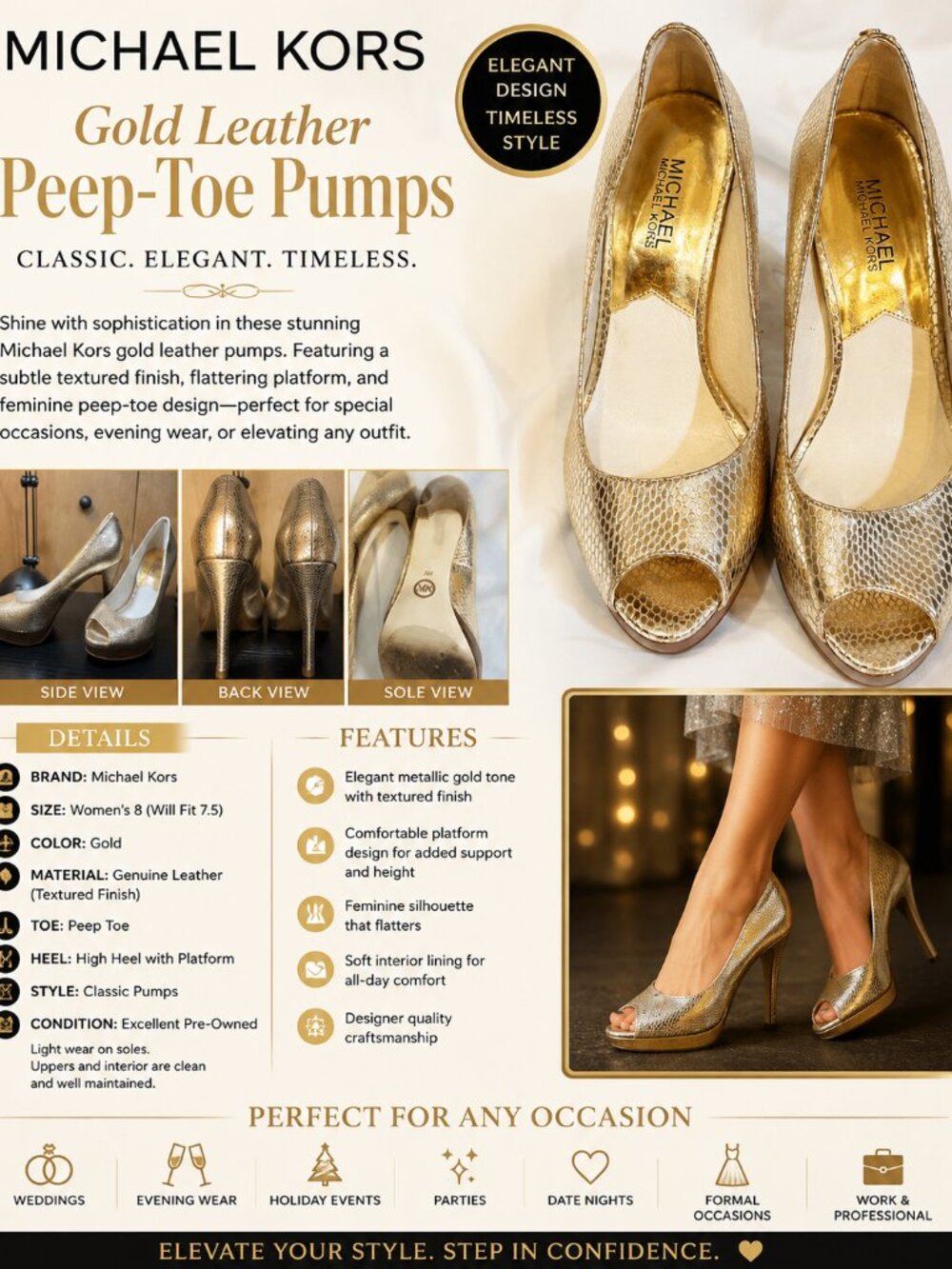 Michael Kors Gold Leather Peep Toe Evening Pumps Size 8 Platform Heels